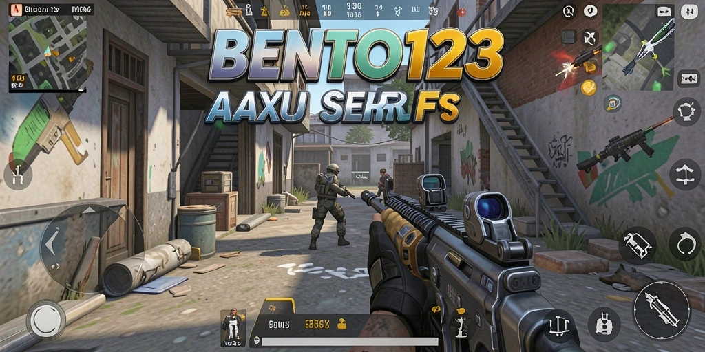 Tangkapan layar utama dari BENTO123 yang menunjukkan aksi tembak-menembak FPS.