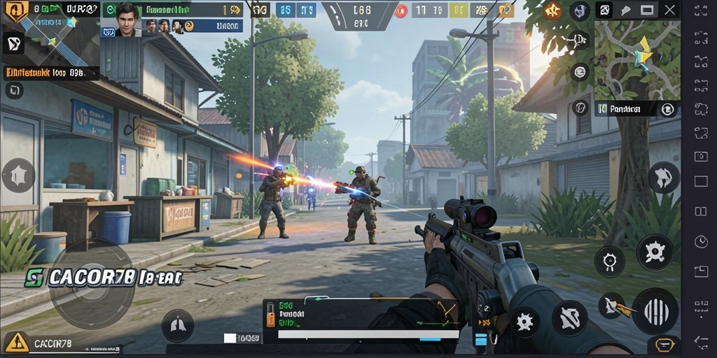 Screenshot gameplay CACOR78 menunjukkan aksi tembak-menembak di medan perang.