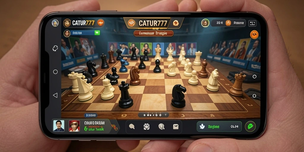 Screenshot gameplay menunjukkan bidak catur berkualitas tinggi dan antarmuka menarik.