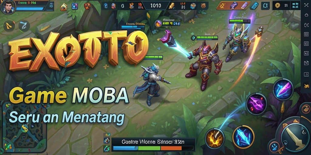 Tangkapan layar gameplay <strong>EXOTOTO</strong> menunjukkan pertempuran seru antara dua tim di arena.