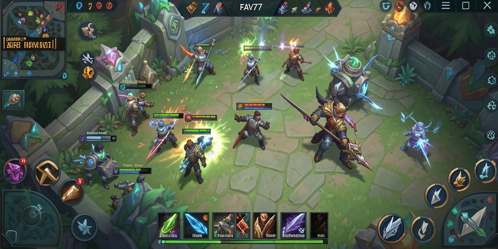 Screenshot gameplay FAV77 menampilkan aksi seru pertarungan MOBA.