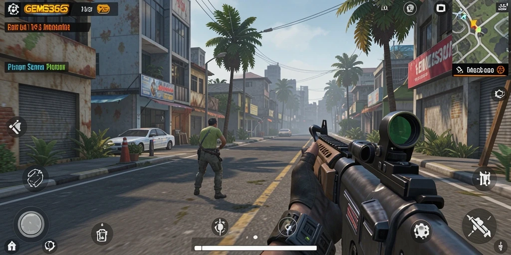 Screenshot utama GEMS365 menampilkan aksi gameplay TPS yang mendebarkan.