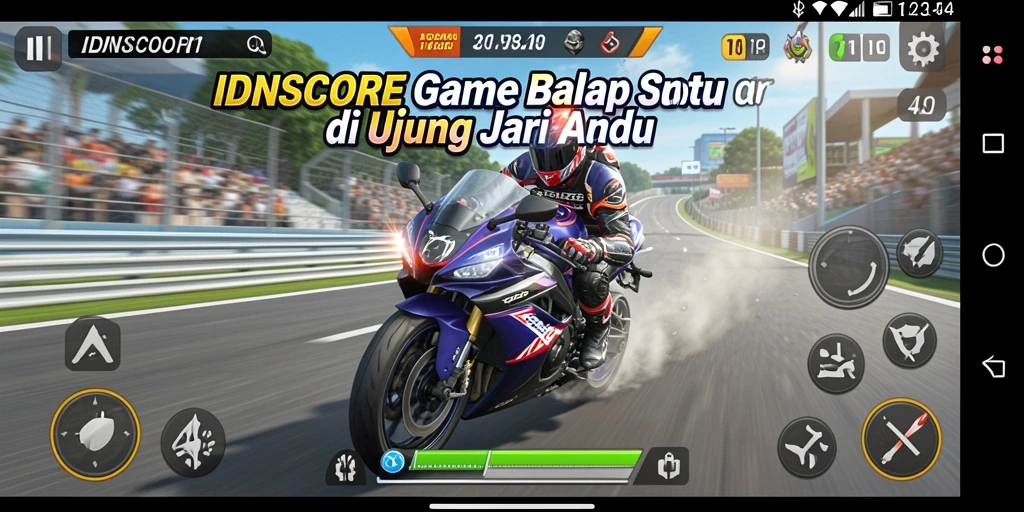Tampilan gameplay menegangkan di IDNSCORE saat balapan motor.