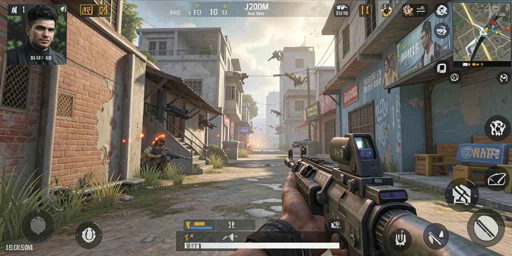 Tampilan gameplay J200M dengan aksi tembak-menembak yang intens.