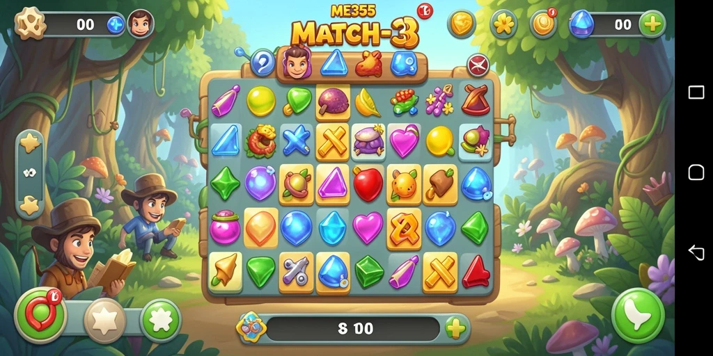 Tangkapan layar ME355 menunjukkan gameplay Match-3 yang menarik dan penuh warna.