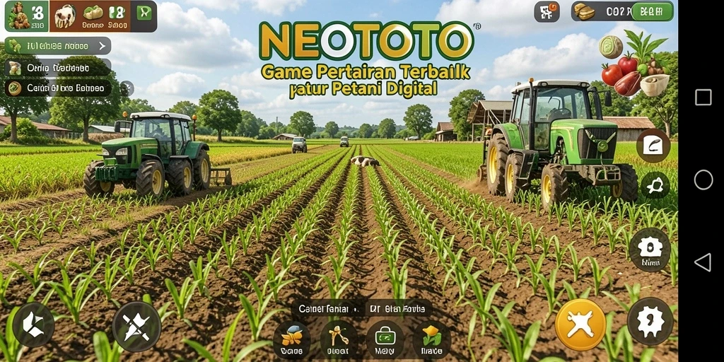 Tampilan gameplay NEOTOTO yang memukau dengan pertanian yang penuh warna.