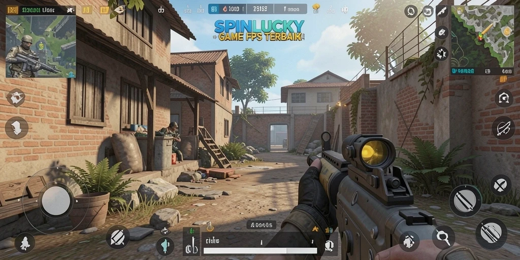 Tampilan gameplay SPINLUCKY yang intens dan seru di arena pertempuran FPS.