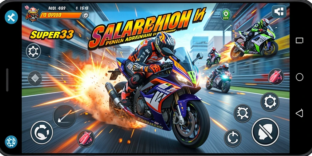 Tampilan menarik dari gameplay balapan motor di SUPER33.
